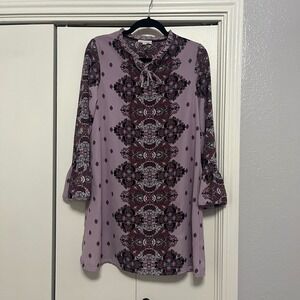 Coco + Jameson Women's Purple Paisley Bell Sleeve Tie Neck‎ Boho Dress Size S